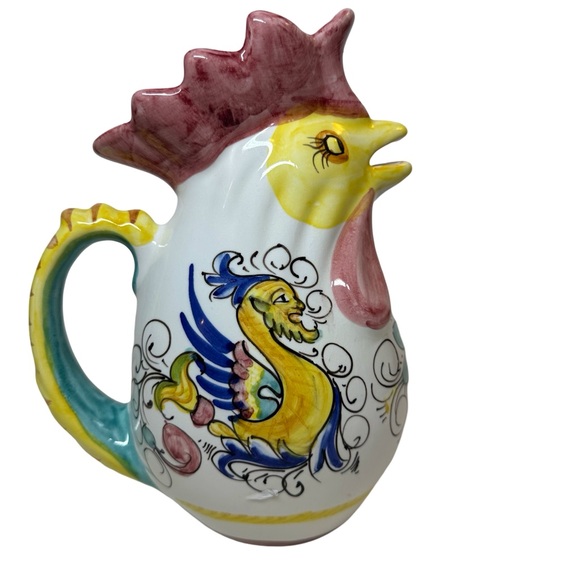 Vtg WIlliams Sonoma Chicken Pitcher Handpainted In Italy Deruta Style 8.5” 28 Oz - Picture 3 of 11